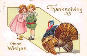 Thanksgiving Good Wishes Boy Girl Turkey 1910c postcard