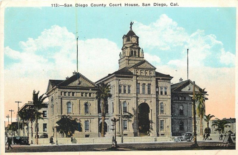 San Diego California~County Court House~Sandwich Sign~1920s Cars~Postcard