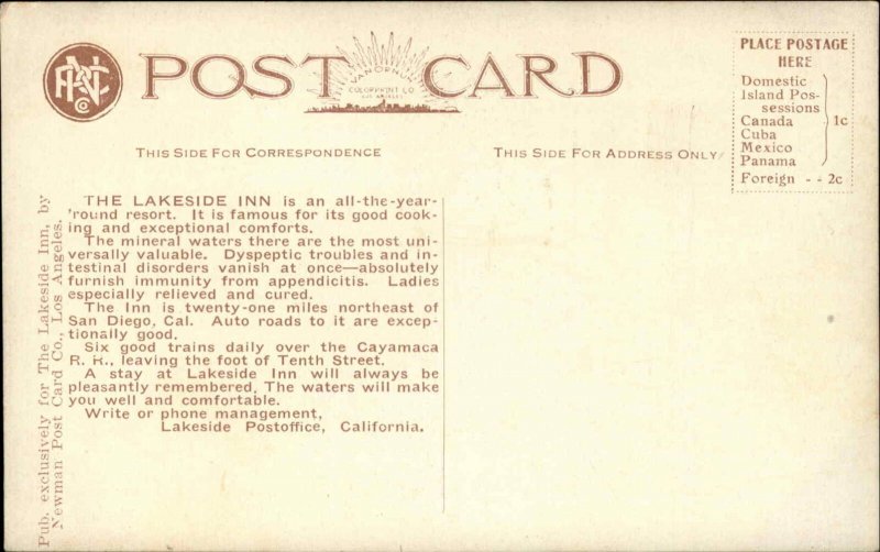 Lakeside California CA Lakeside Inn c1910 Vintage Postcard