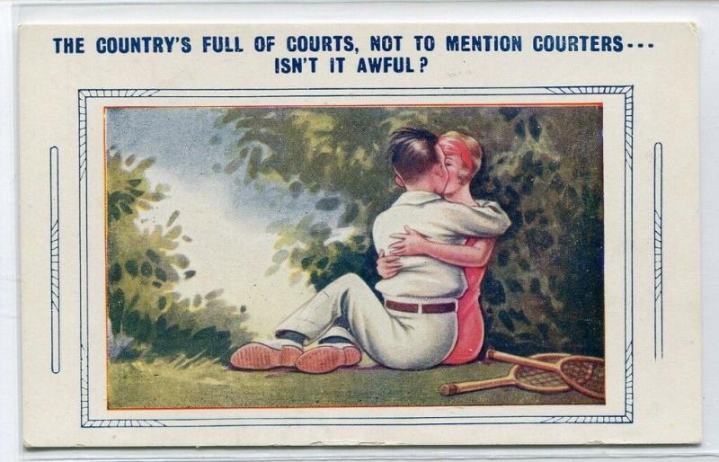 Tennis Courts Match Courting Love Romance Couple postcard