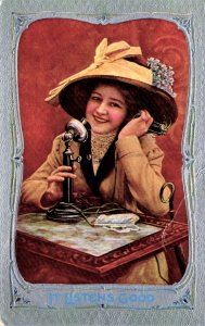 Pretty Lady - Talking on Phone - it listens good - in 1910