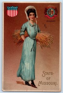 1907 University Girl With Wheat State Of Missouri MO Embossed Antique Postcard