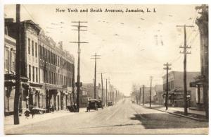 Jamaica L.I. NY New York & South Avenues Old Cars Store Fronts Postcard