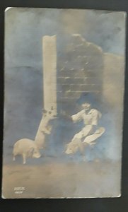 Unused Vintage 1915 France Flanders Boy with Piglet Real Photo Postcard-