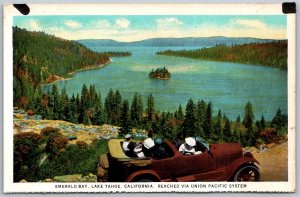 Lake Tahoe California 1930s Postcard Emerald Bay Auto Union Pacific Railroad