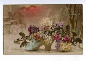 234958 Merry CHRISTMAS X-mas Flowers in SHOE Vintage Photo
