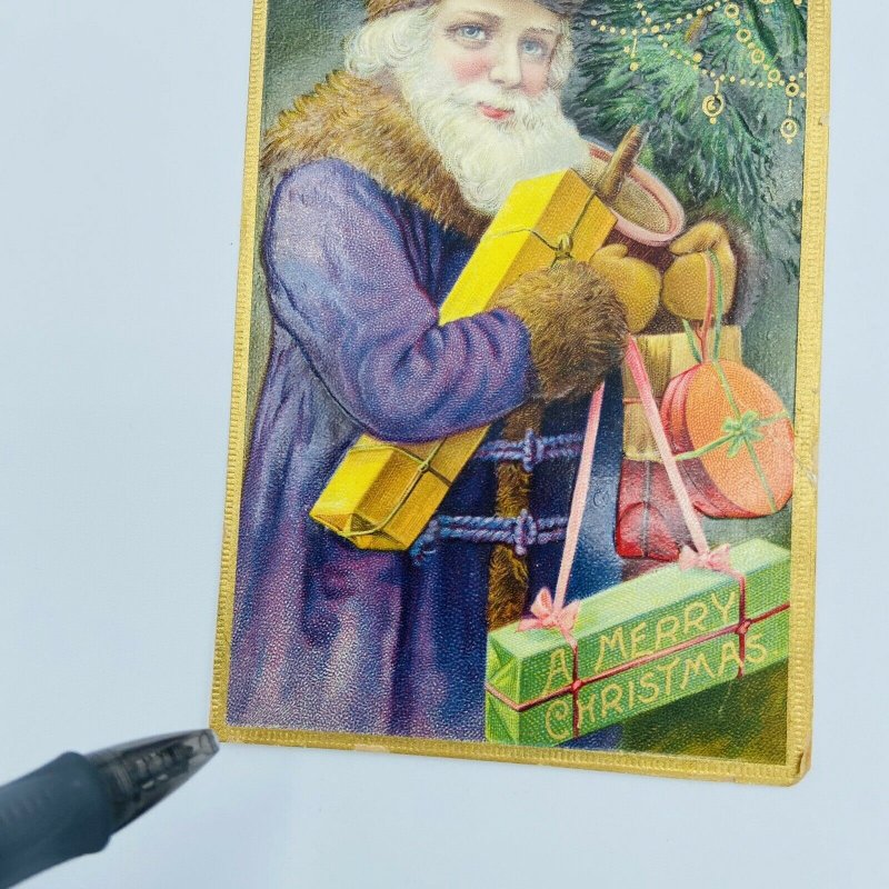 1910 Purple Robe Santa Claus Christmas Presents Tree Border Embossed Postcard