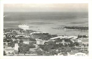 c1940 RPPC Postcard View of Honolulu from Punchbowl 212 Steamer Ship Approaching