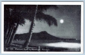 1930-50's DIAMOND HEAD BY MOONLIGHT HAWAII VINTAGE POSTCARD