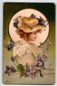 Christmas Postcard Victorian Women Violet Flowers Undivided Back Vintage Unused