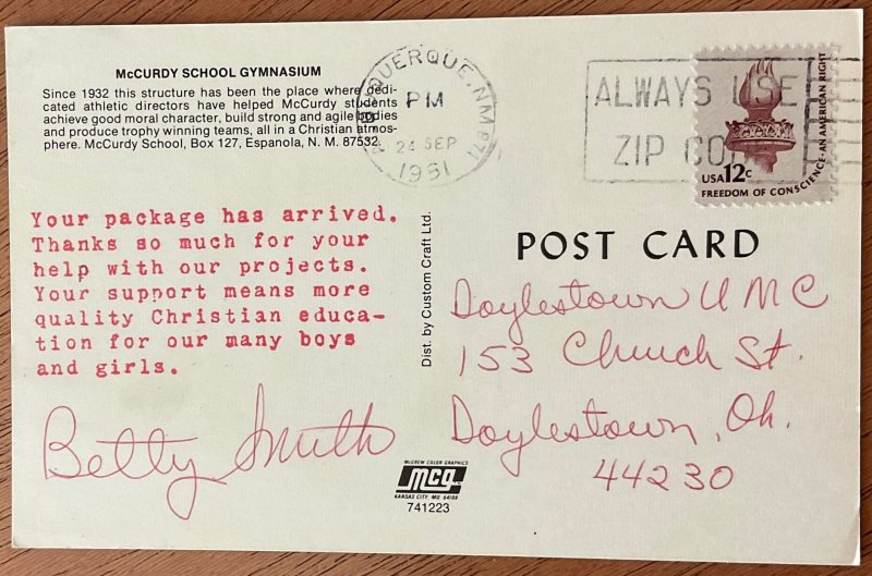 McCurdy School McCracken Gym Postally Used Post Card Circa 1970’s Espanola NM LB