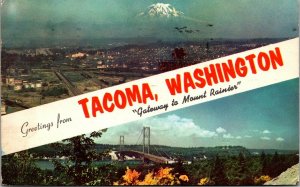 Vtg 1950s Dual View Banner Greetings from Tacoma Washington WA Rainier Postcard