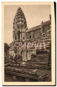 Old Postcard Angkor Wat Western Part of the second floor courtyard and Northw...