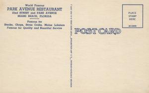 MIAMI BEACH FL PARK AVENUE RESTAURANT VINTAGE POSTCARD 