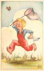 Art Humor Chasing Butterfly Comic Boy 1950s Net artist impression postcard 3164 