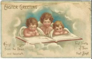 Little Cherubs Reading Bible Vintage Postcard Easter Greeting