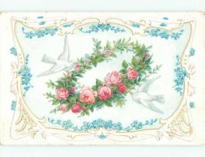 Pre-1907 WHITE DOVE BIRDS WITH PINK ROSE FLOWERS o3244