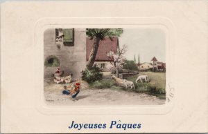 Joyeuses Pâques Sihonian Farm Scene Chickens Sheep Postcard G73 *as is