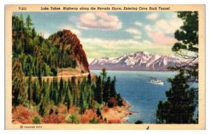 1941 Lake Tahoe Highway along Nevada Shore entering Cave Rock Tunnel Postcard