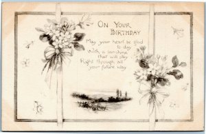postcard On your Birthday - black and white flowers and scene Pink of Perfection