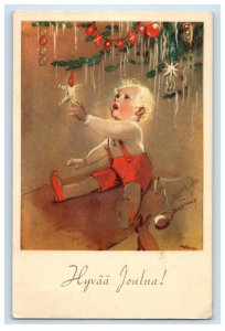 1948 Merry Christmas Hyvaa Joulua Baby Playing Christmas Decor Finland Postcard 