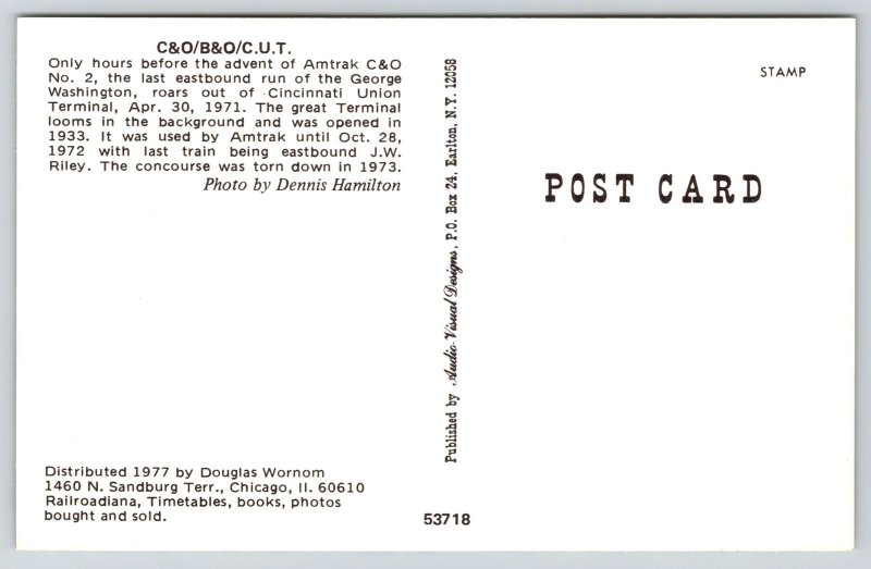 Train~Cincinnati Union Terminal~Amtrak C&O~George Washington~1950s Postcard