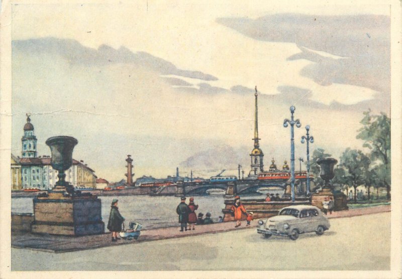 Russia Leningrad Neva river banks postcard 1959 