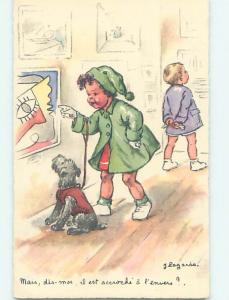 Pre-Linen foreign signed DOG WEARING COAT AT ART MUSEUM WITH GIRL J4925