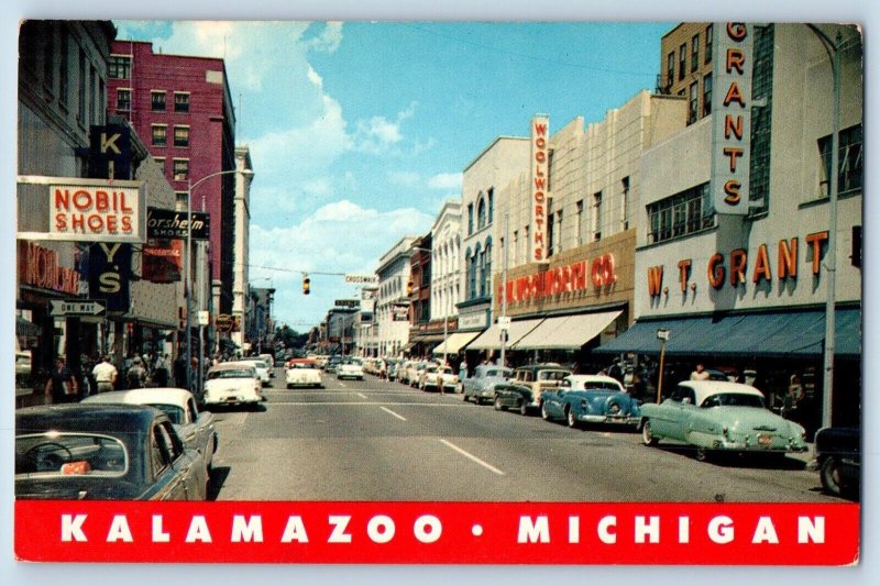Kalamazoo Michigan Postcard Looking North South Burdick Street Cars 1960 Vintage
