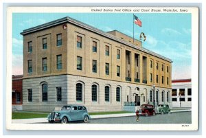 c1930's Unites States Post Office Cars And Court House Waterloo Iowa IA Postcard