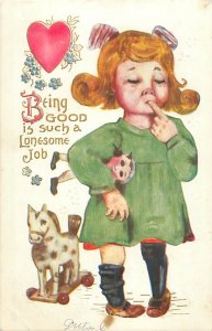 Being Good is Such a Lonesome Job Smug Little Girl with Toys Postcard
