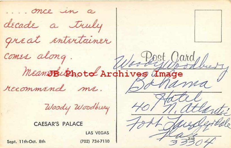 Advertising Postcard, Caesar's Palace, Las Vegas, Woody Woodbury Entertainer