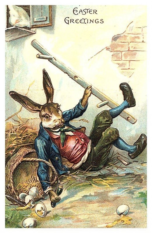 Anthropomorphic Easter, Rabbit in Suit Falling with eggs