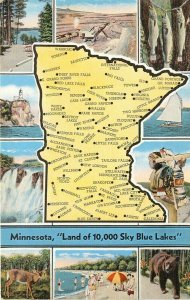 Vintage Linen Postcard; Multi-View Minnesota Map, Land of 10,000 Sky Blue Lakes