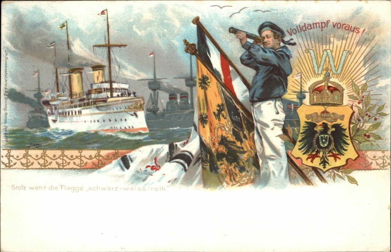 German Navy Spy Glass Sailor Ship Flags Shield Patriotic 1898 USED Postcard