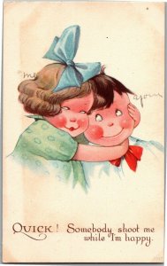 Children Embracing, Somebody Shoot Me While I'm Happy Vintage Postcard E14