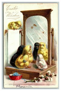 Vintage 1907 Tuck's Easter Postcard - Cute Chicks Gold Mirror White Flowers