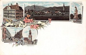 Germany Gruss aus Offenburg Drake Denkmal Rathaus Flowers litho postcard B999