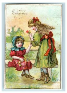 Christmas Victorian Card Holiday Pretty Girls Bonnet Flowers Nice Image P49