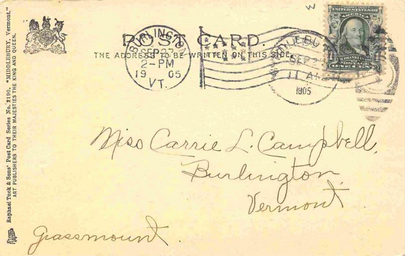 Middlebury College Campus Vermont 1905 Tuck postcard