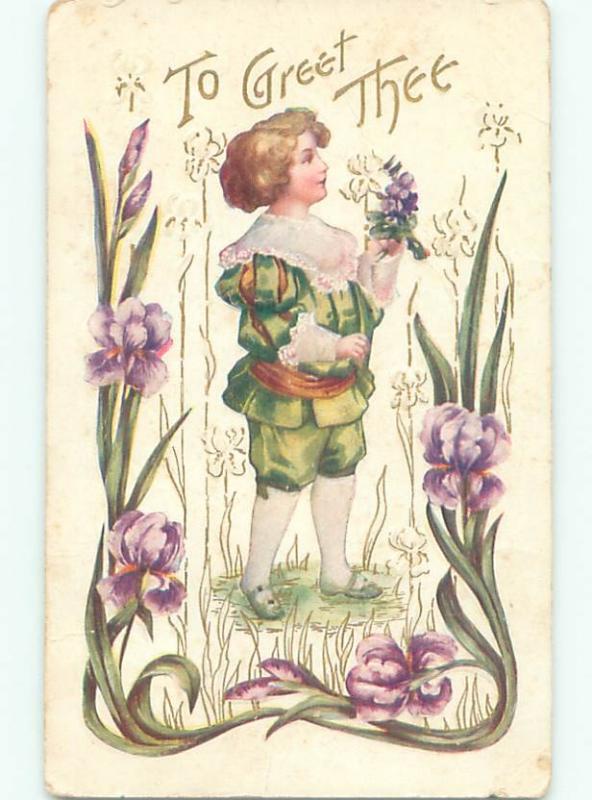 Pre-Linen BOY HOLDS UP PURPLE AND WHITE FLOWERS W7154