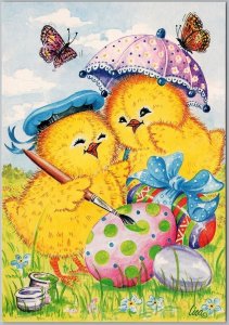 Vintage Swedish Easter Postcard Cute Chicks Painting Eggs Glad Pask C12