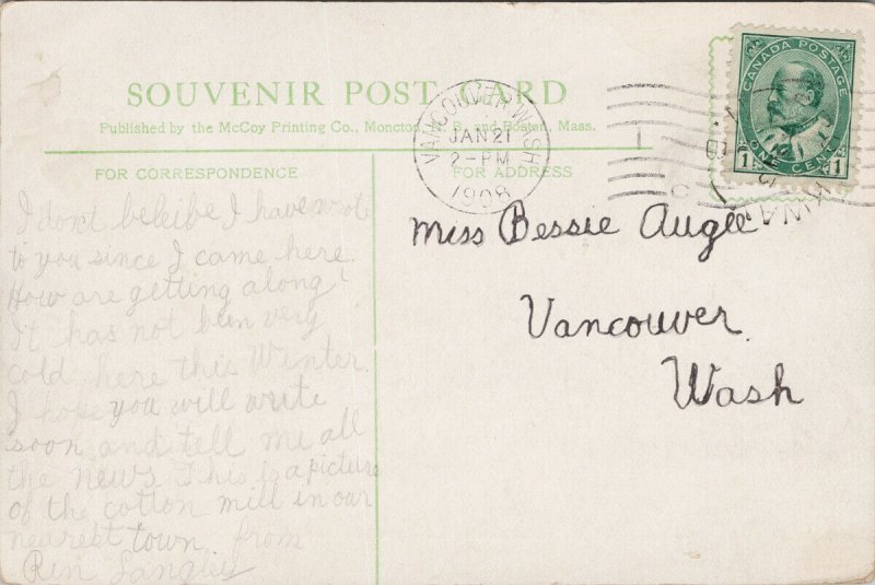 Milltown NB New Brunswick Cotton Mill c1908 Postcard F12