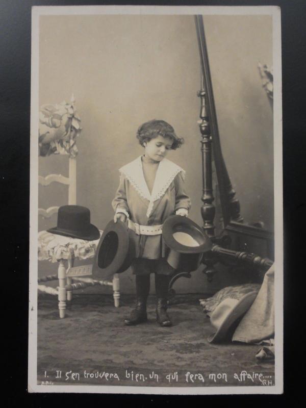 French Set of 5 SMALL CHILD PLAYING AT DRESSING UP IN FRONT OF MIRROR c1903 UB