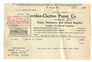 Sheridan-Clayton Paper Co. St. Joseph Mo. Vintage 3-23-1933 Invoice