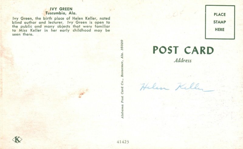 Ivy Green Birthplace Of Helen Keller Blind Author Tuscumbia Alabama Postcard
