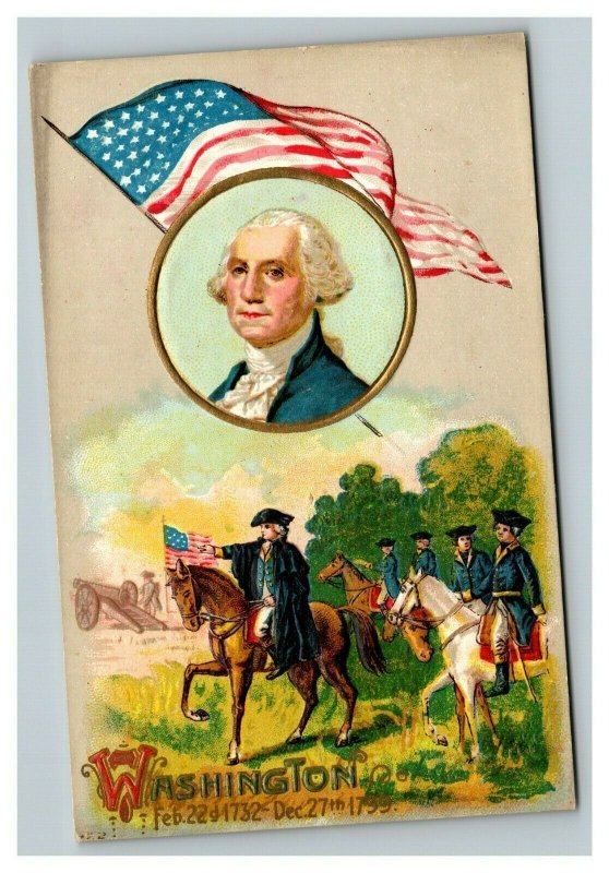 Vintage 1910's Postcard American Flag George Washington Portrait in a Battle