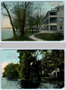 2 Postcards BURLINGTON, WI ~ Browns Lake THE LAKESIDE HOTEL & Shore Line 1914