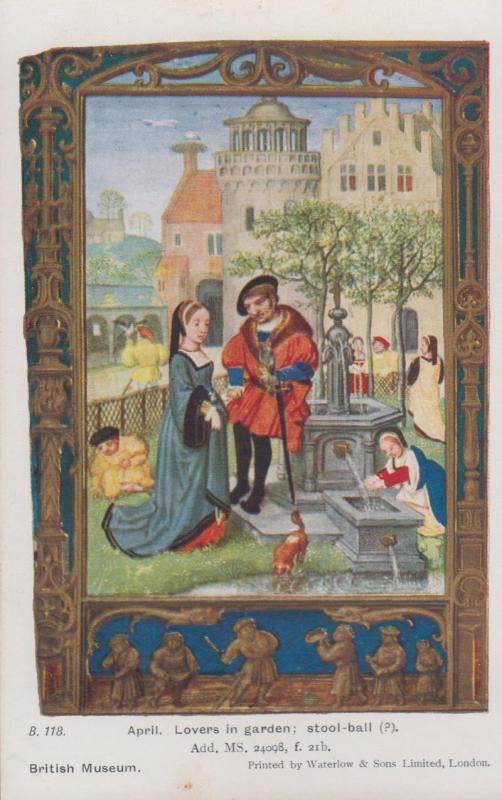 April Lovers In Garden By Stool Bar Medieval Drawing Antique Postcard