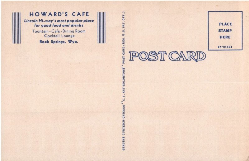 VINTAGE POSTCARD HOWARD'S CAFÃ AT ROCK SPRINGS WYOMING